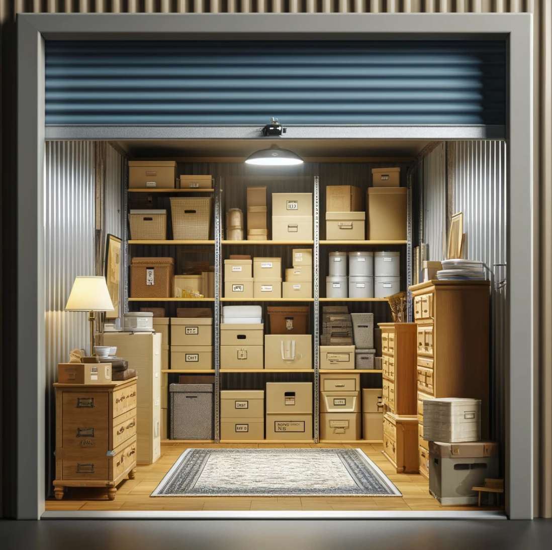 An open self storage unit filled with neatly organized belongings, including labeled boxes, furniture, seasonal decor, sports equipment, and framed art.