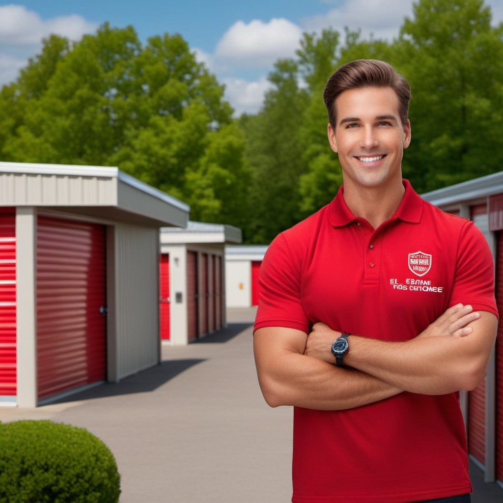 The Self Storage Dude standing confidently in front of a well-maintained self storage facility with bright red garage doors, holding a box labeled "Self Storage Success."