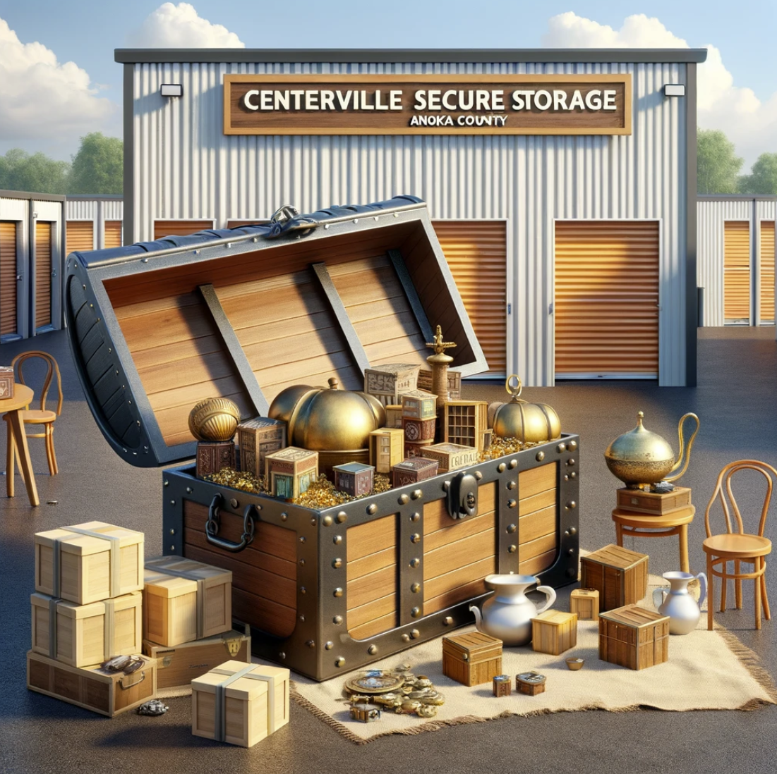 Discover hidden treasures with Centerville Secure Storage in Anoka County - a vibrant image showcasing a row of secure storage units and a treasure chest filled with storage items like boxes and furniture, symbolizing the adventure of finding the perfect storage solution.