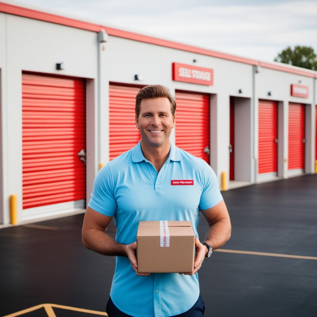 The Self Storage Dude standing in front of a modern self storage facility, holding a key and a box labeled "Self Storage Success," with a couple easily accessing their storage unit in the background.