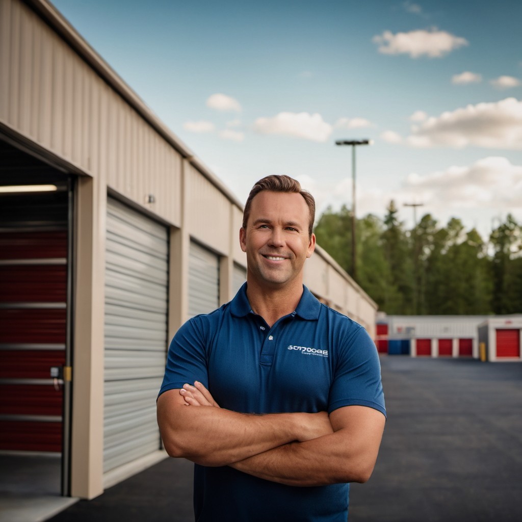 Illustration of the Self Storage Dude character standing in a well-organized self storage unit, holding a clipboard and giving a thumbs-up. A thought bubble contains icons representing decluttering, organization, and storage innovation.